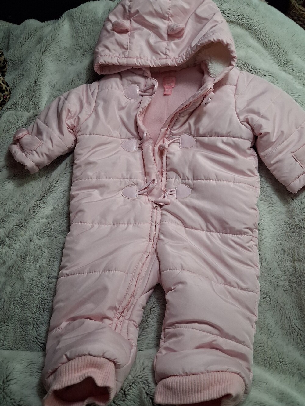 Baby Pink Hooded Puffer One-Piece Snowsuit